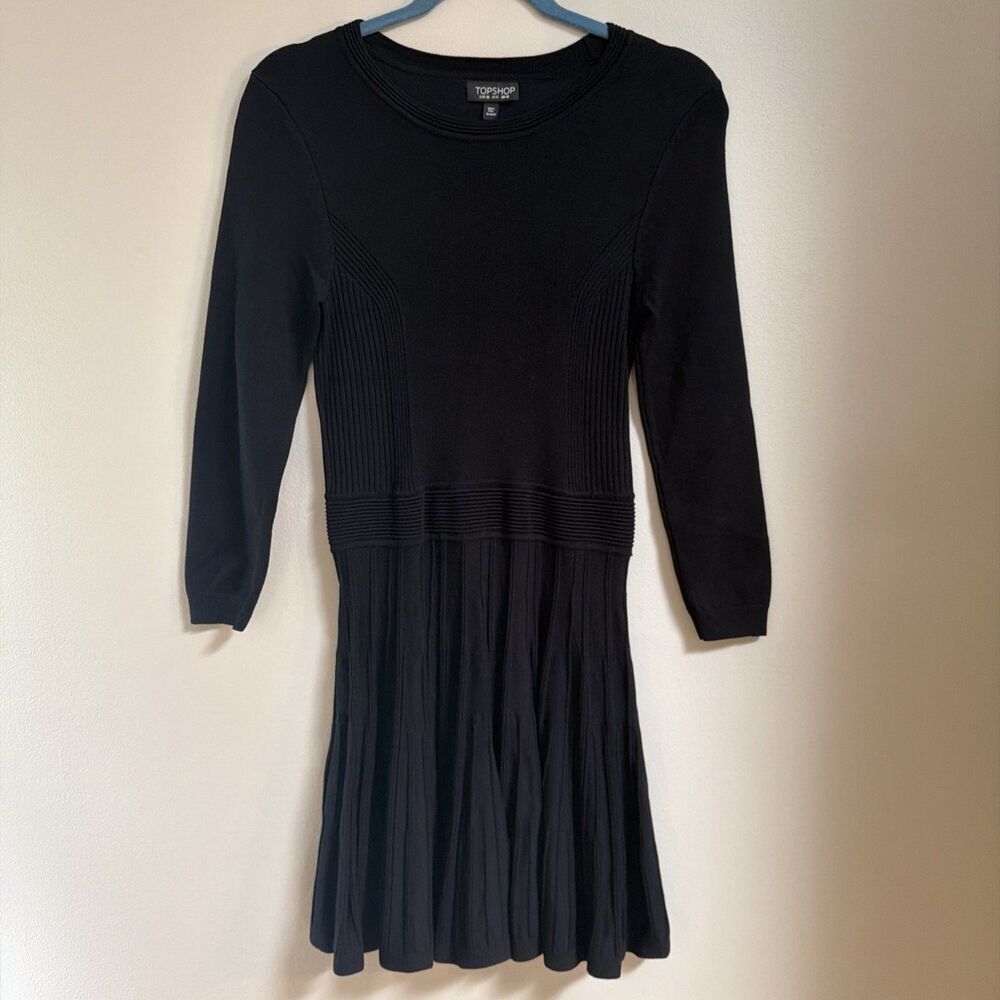 Topshop Size 6 Fit and Flare Black Ribbed Sweater Dress Long Sleeve Mini Dress